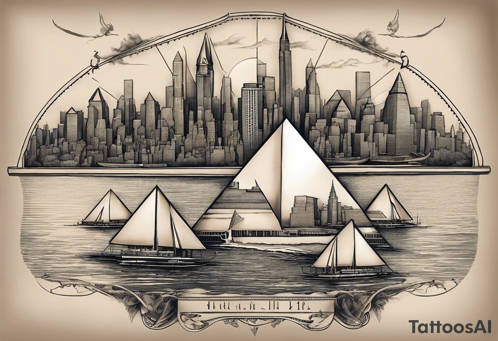 Craft a captivating tattoo where the Hudson River gracefully converges with the Nile River, forming a symbolic union of your Egyptian roots and New York life. Imagine the Three Pyramids of Giza standing proudly, seamlessly transitioning into the iconic Manhattan skyline. .

This tattoo concept weaves together the ancient and the contemporary, illustrating a harmonious connection between two significant parts of your identity – your Egyptian origins and your life in the bustling city of New York." tattoo idea