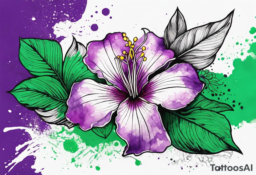 An outline of a rio dipladenia flower with a green and purple watercolor blotch splatter in the background tattoo idea