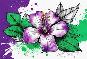 An outline of a rio dipladenia flower with a green and purple watercolor blotch splatter in the background tattoo idea