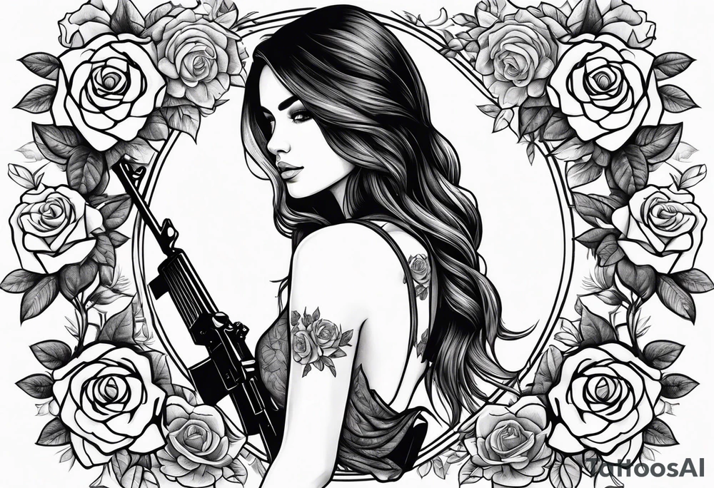 Beautiful woman angle holding a AK 47 surrounded by roses tattoo idea