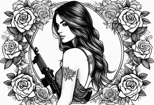 Beautiful woman angle holding a AK 47 surrounded by roses tattoo idea