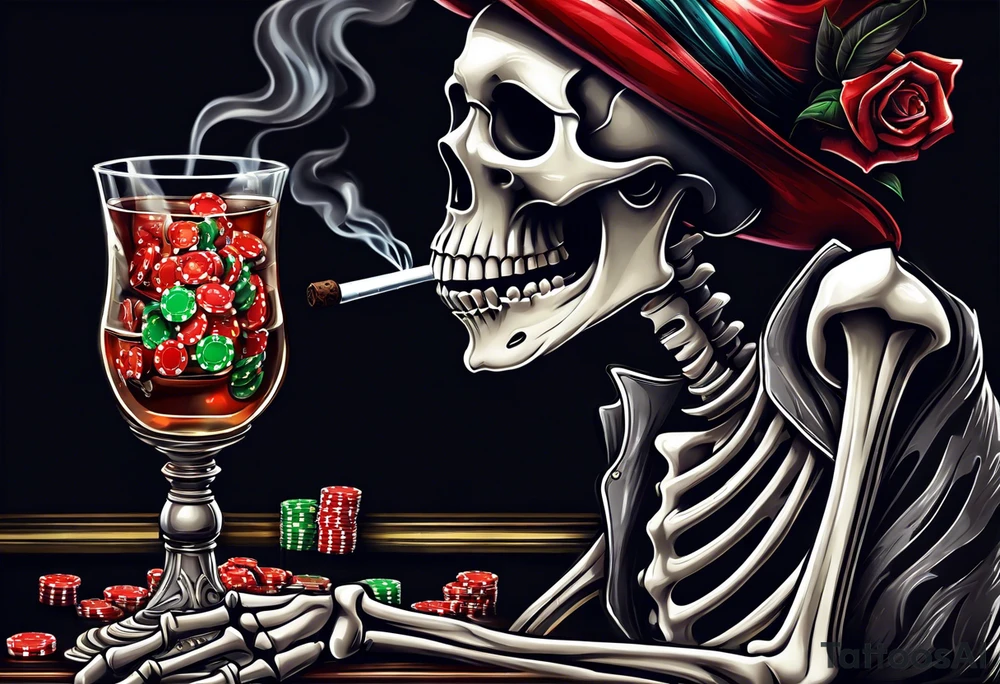 skeleton smoking cigar with poker chips, dealing the cards tattoo idea