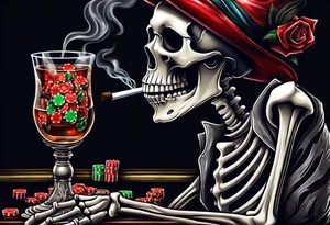 skeleton smoking cigar with poker chips, dealing the cards tattoo idea