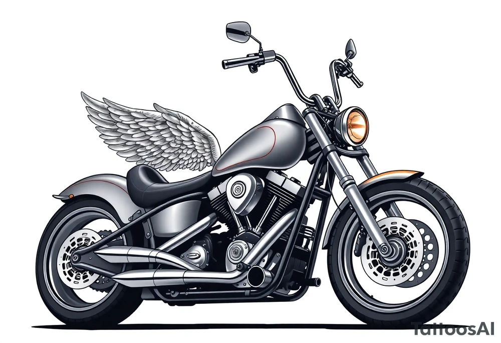 Low rider grey motorcycle, big muffler pipes with flames, angel wings, driving away, no person tattoo idea