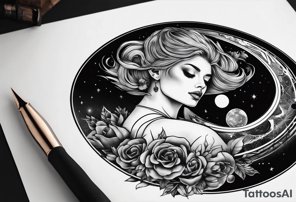 A surrealistic forarm tattoo featuring beautiful woman’s face holding a planet in her hand. Above her head is a man being lifted up into a black hole tattoo idea