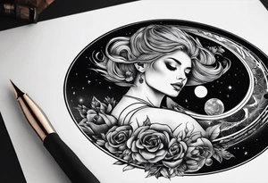A surrealistic forarm tattoo featuring beautiful woman’s face holding a planet in her hand. Above her head is a man being lifted up into a black hole tattoo idea