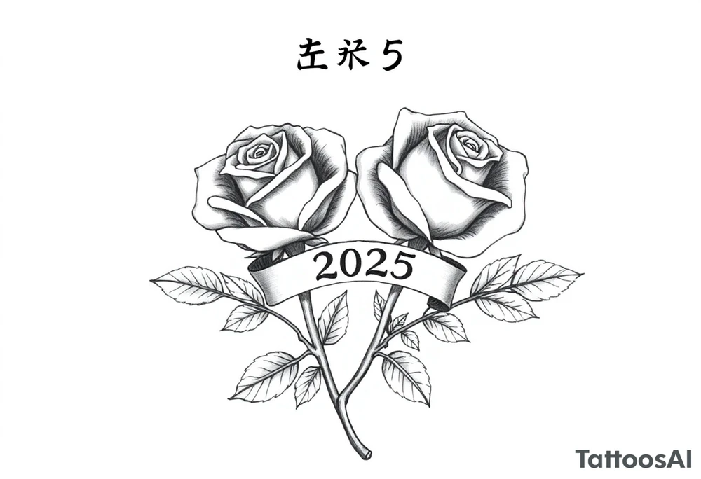 two beautiful rose buds, side by side, with many leaves and their stems intertwined, representing two people in love. Include a banner connecting the two roses with "2025" on it.  The word "Rose" written in Kanji above the drawing.  Use dark outlines with little shading. The two stems should connect and join into one stem, whimsically curved or twisted - not straight down. tattoo idea