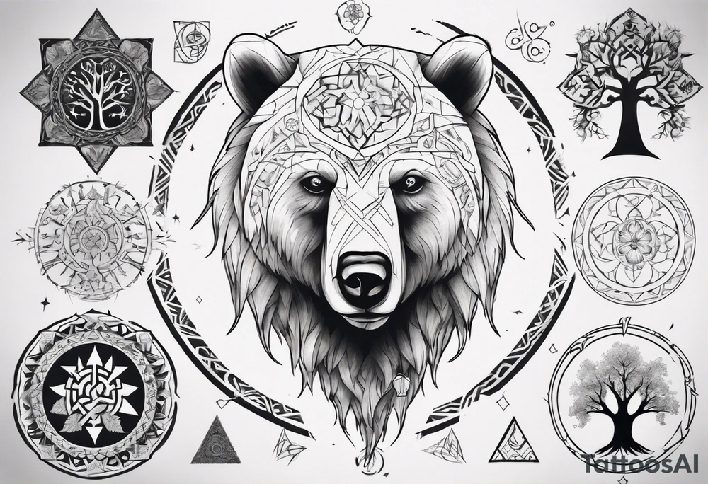 Bear with mandala, White Tree of Gondor, Geometric symbols, Viking cross tattoo idea