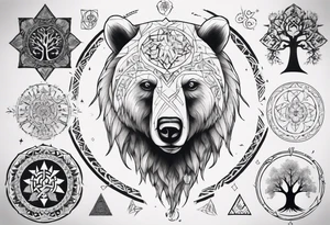 Bear with mandala, White Tree of Gondor, Geometric symbols, Viking cross tattoo idea