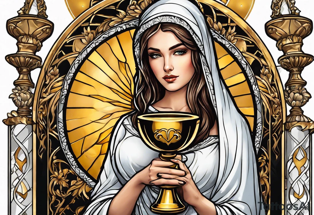 woman saint holding chalice surrounded by golden halo tattoo idea