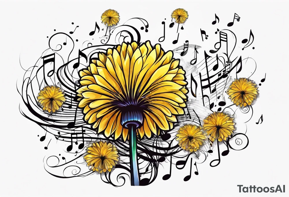 Dandelion puff breaking off into music notes tattoo idea