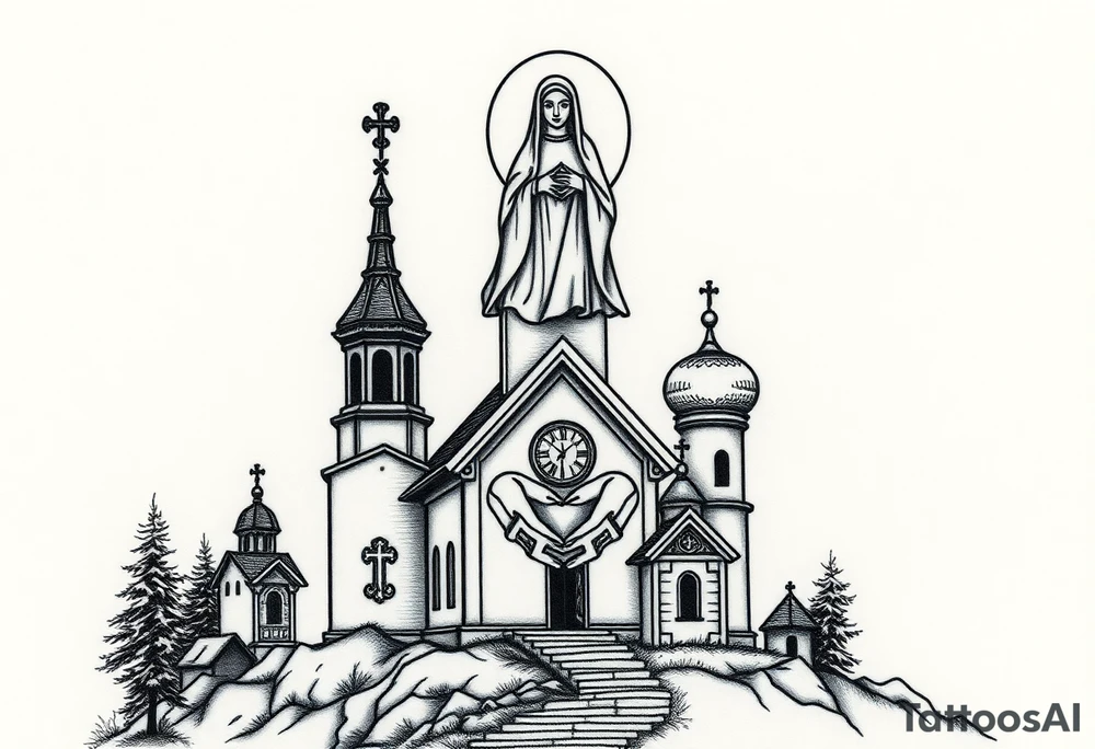 Russian Orthodox church with orthodox spire crosses in a mountainous village setting, with a holy glow around the church, and a virgin mary sat seperately above looking over hands on heart sat above tattoo idea