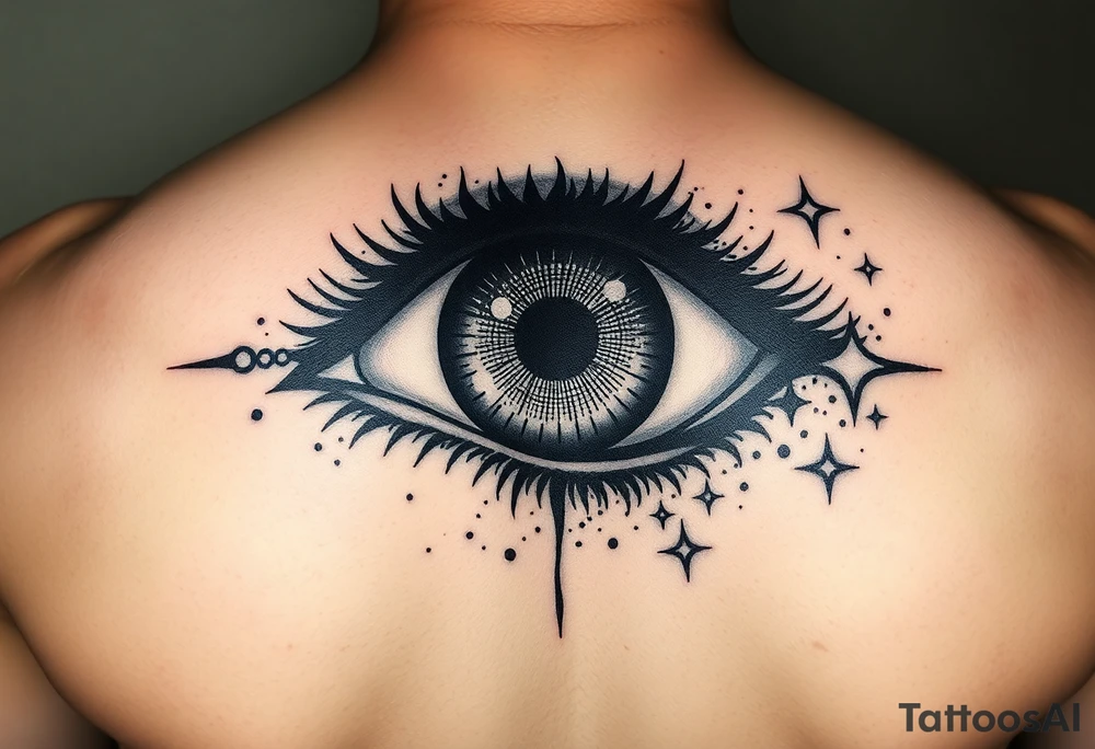 PUPIL: Solid black  
IRIS: Dotwork gradient (black → gray)  
STARS: Packed white ink (1.5mm dots) + micro-dot "halos" tattoo idea