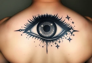 PUPIL: Solid black  
IRIS: Dotwork gradient (black → gray)  
STARS: Packed white ink (1.5mm dots) + micro-dot "halos" tattoo idea