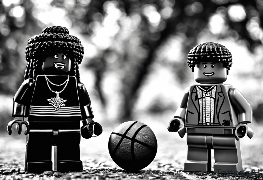 2 Lego figures in one scenery, one of them will be a Rastaman who is looking at the other one dribbling a basketball tattoo idea