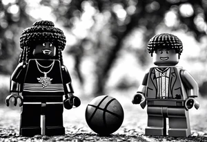 2 Lego figures in one scenery, one of them will be a Rastaman who is looking at the other one dribbling a basketball tattoo idea