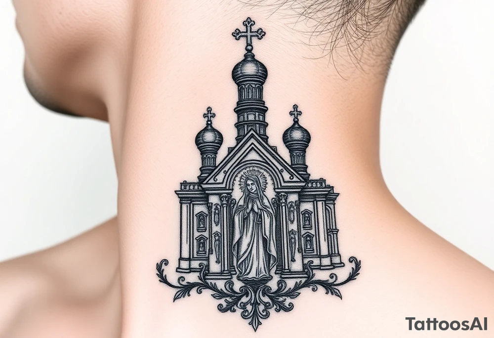 medium traditional russian orthodox church with russian coat arms and virgin mary tattoo idea