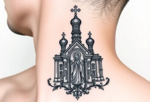 medium traditional russian orthodox church with russian coat arms and virgin mary tattoo idea
