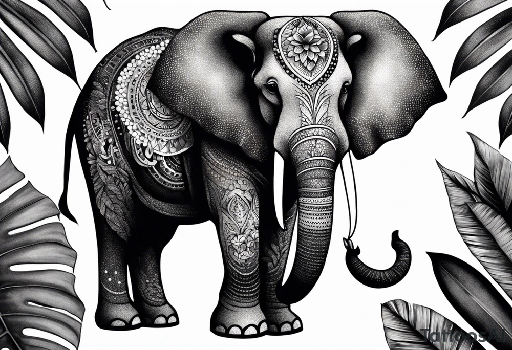 “A majestic elephant with its trunk raised, surrounded by tropical foliage, symbolizing memory and strength tattoo idea