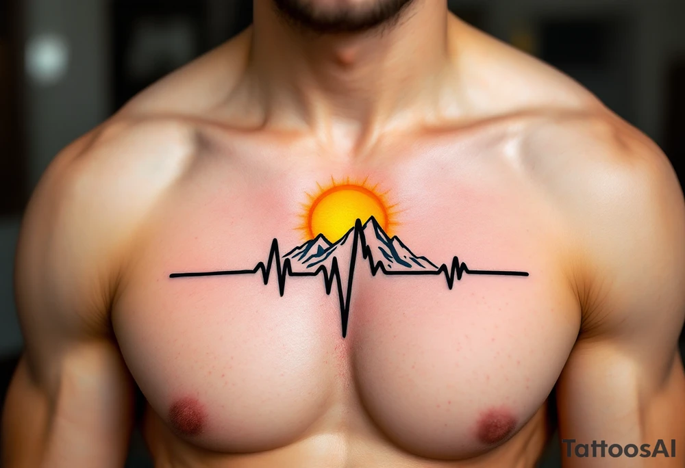 A bold black EKG line running through the ribcage with a bright yellow sun rising from its peak. tattoo idea
