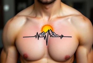 A bold black EKG line running through the ribcage with a bright yellow sun rising from its peak. tattoo idea
