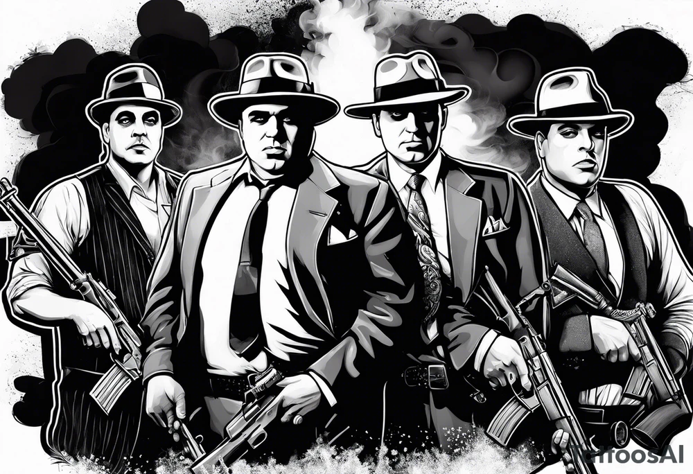 group of gangsters including Al Capone and bonnie and Clyde with machine guns surrounded by smoke and fire tattoo idea