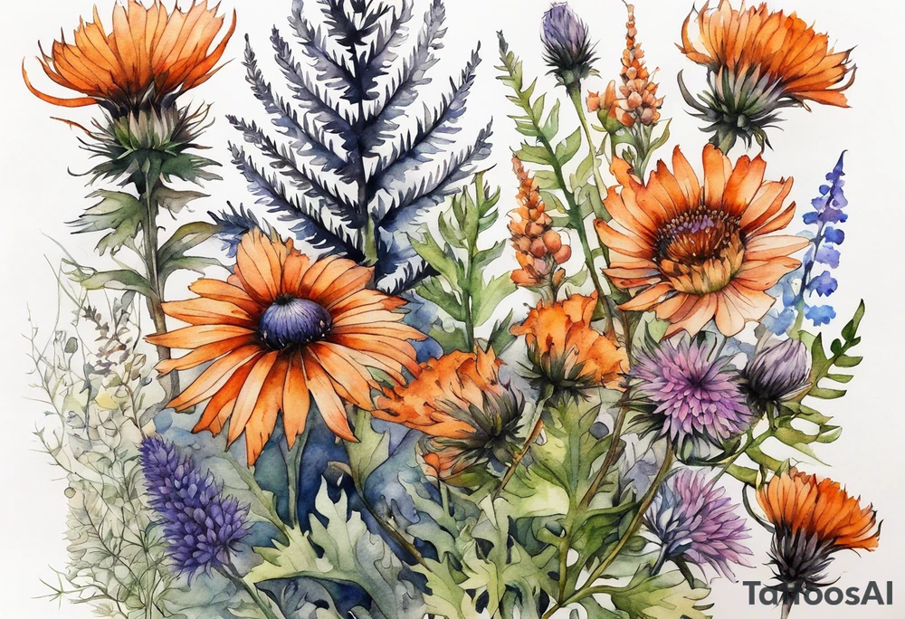 cascading mixed colored wildflowers with thistles, ferns, burnt orange flowers all in watercolor tattoo idea