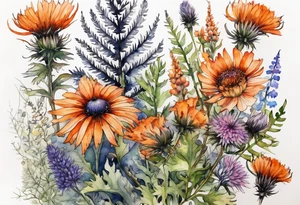 cascading mixed colored wildflowers with thistles, ferns, burnt orange flowers all in watercolor tattoo idea
