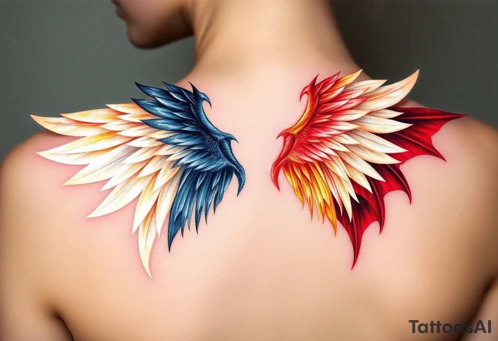 Angel wings in soft white and gold, with flowing feathers, contrasted against demonic wings in dark red and black, jagged and torn. The angel wings are illuminated with glowing halos, while the demon wings have subtle, glowing embers at their tips tattoo idea