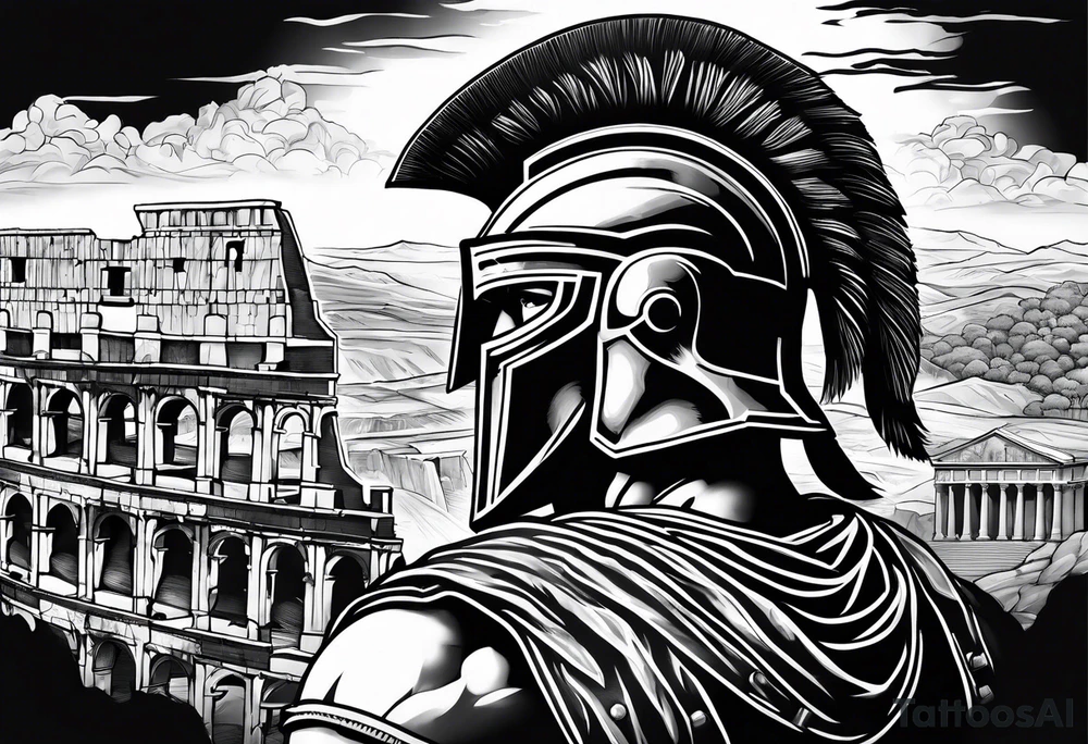 Close up of spartan solider face looking at distant roman ruins tattoo idea