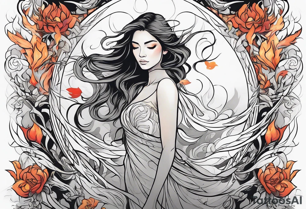 Resurrection strength and courage Beautiful Woman walking through fire and chaos to inner peace and self-love  ethereal tattoo idea