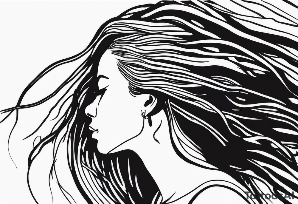 Draw a women head with real dread locks flying in the air, all hair should be to see tattoo idea