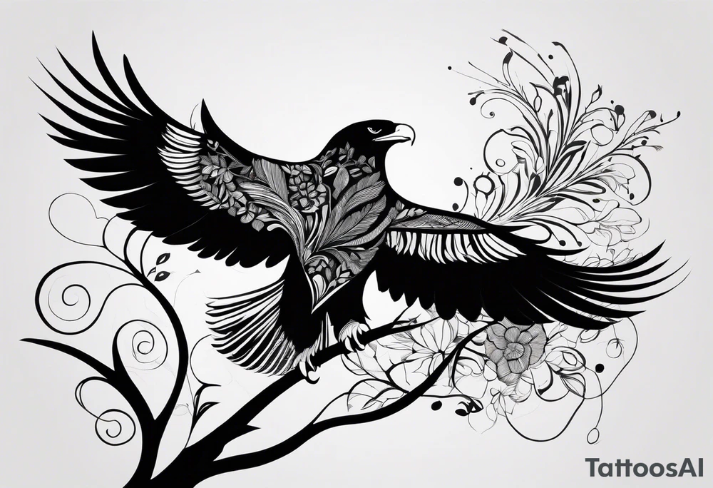 Black and white silhouette illustration of a delicate eagle perched on a branch, with intricate details of the feathers and petal-like shapes in the eagle's wings. The branch is adorned with simple outlines of flowers and leaves. The background is abstract, represented through bold, splattered lines to evoke the essence of color splashes without actual shading. The composition emphasizes the elegance and delicate nature of the eagle, focusing on its form against the minimalist abstract backdrop. tattoo idea