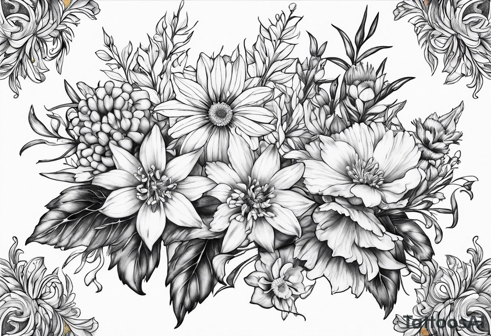 Aster and larkspur bouquet tattoo idea