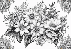 Aster and larkspur bouquet tattoo idea