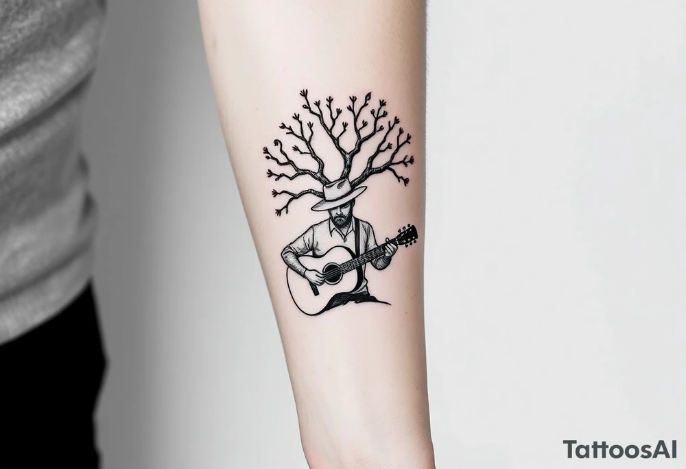 Man with hat but cant see face 
playing acoustic guitar underneath tree of life concept style tattoo idea
