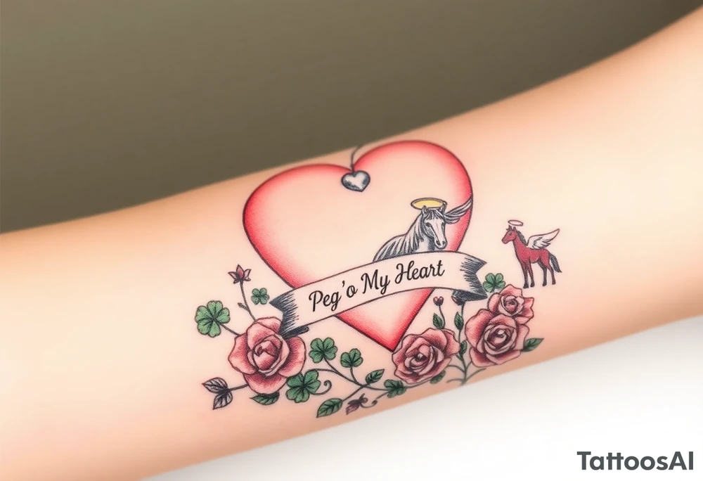 a big pale pink heart and a mare with wings and a halo and a colt in a field of green shamrocks, and red roses with a banner across the heart that says Peg 'o My Heart tattoo idea
