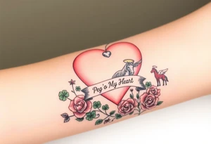 a big pale pink heart and a mare with wings and a halo and a colt in a field of green shamrocks, and red roses with a banner across the heart that says Peg 'o My Heart tattoo idea