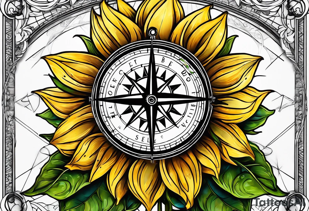 Sunflower and a compass, with the words "To Thine Own Self Be True" tattoo idea