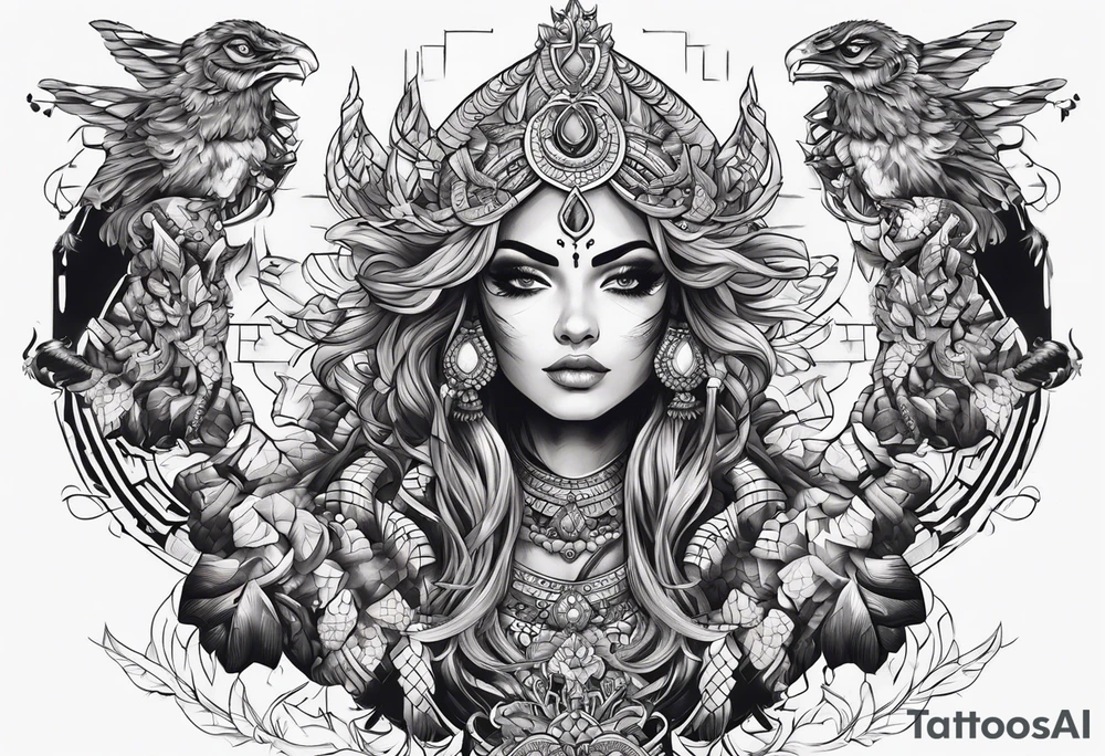 kaali with multiple arms with weapons tattoo idea