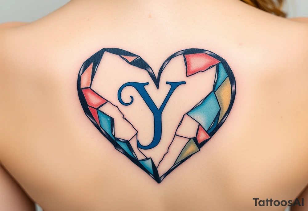 A shattered glass heart with the letter "Y" in blue, symbolizing love’s fragility and strength. tattoo idea