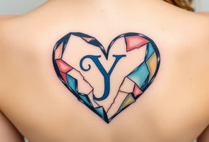 A shattered glass heart with the letter "Y" in blue, symbolizing love’s fragility and strength. tattoo idea