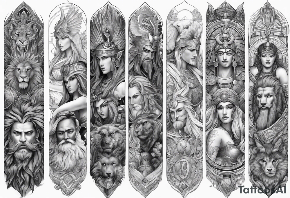 Full Arm sleeve. Mixed gods including.
Greek gods & Egyptian gods & norse gods and Christianity tattoo idea