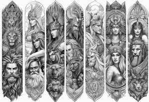 Full Arm sleeve. Mixed gods including. 
Greek gods & Egyptian gods & norse gods and Christianity tattoo idea