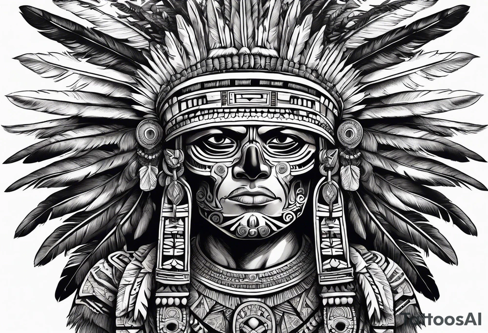 aztec god of death Mictlantecuhtli with long feathers around his head tattoo idea
