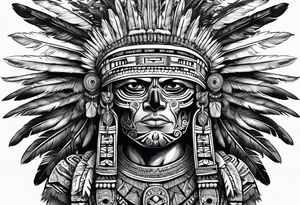 aztec god of death Mictlantecuhtli with long feathers around his head tattoo idea