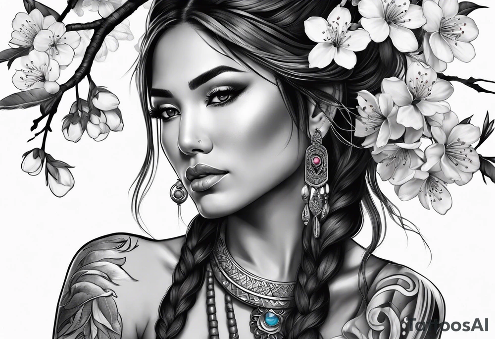 Native American woman wrapped by cherry blossom tree tattoo idea