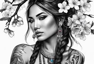 Native American woman wrapped by cherry blossom tree tattoo idea