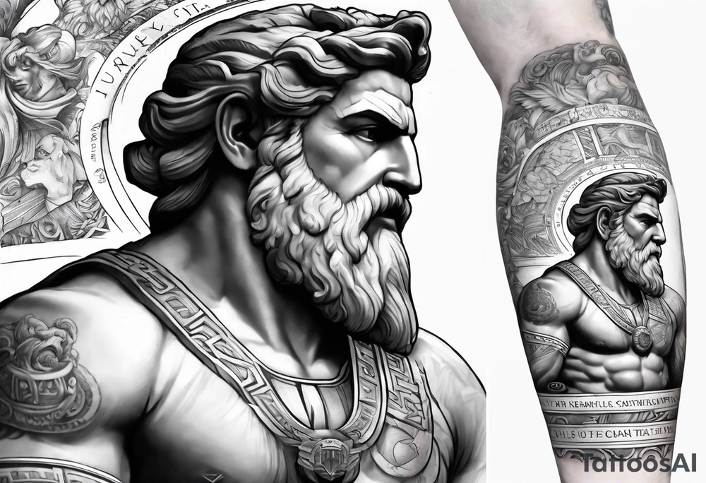 Half sleeve on the right arm with zeus and some text that goes along with it and you can add some Sparta maybe or some building temple of zeus tattoo idea