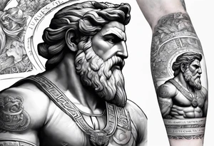 Half sleeve on the right arm with zeus and some text that goes along with it and you can add some Sparta maybe or some building temple of zeus tattoo idea